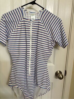 Kona Sol Zip-Front Short Sleeve Swimsuit - Blue & Red Stripes